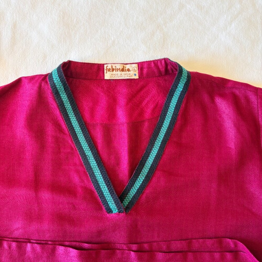 Fabindia Silk Blend A-Line Dress Women’s L Magenta Teal Navy Blue Trim Artisan - Picture 5 of 6